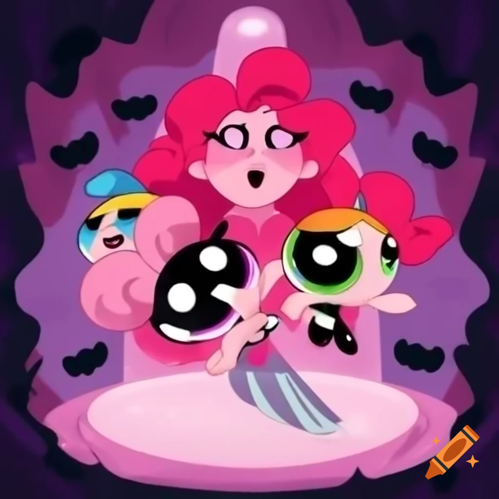 Cartoon scene with PowerPuff Queen Vampire Alien Adelline surrounded by Pinkie Pie, Funshine Bear, Tinky Winky, and Smurfs
