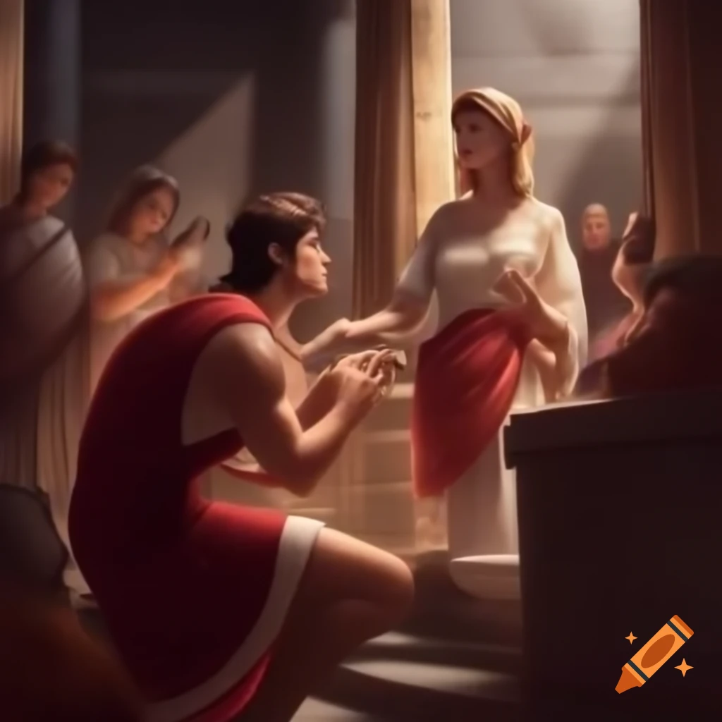 Roman man proposing to woman in ancient setting