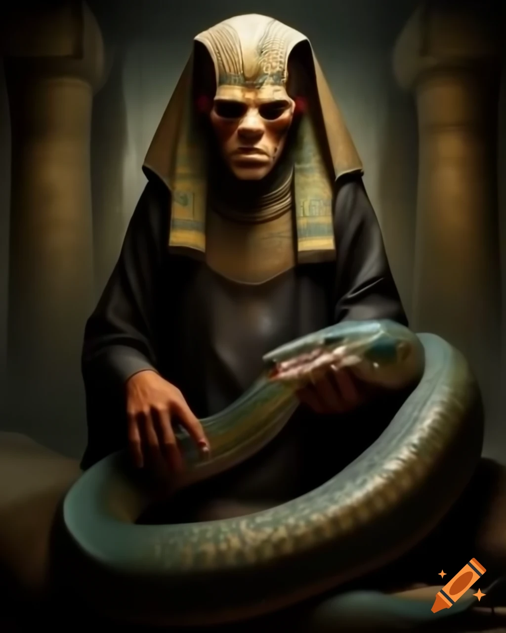 Ancient Egyptian priest holding large eel in full length portrait