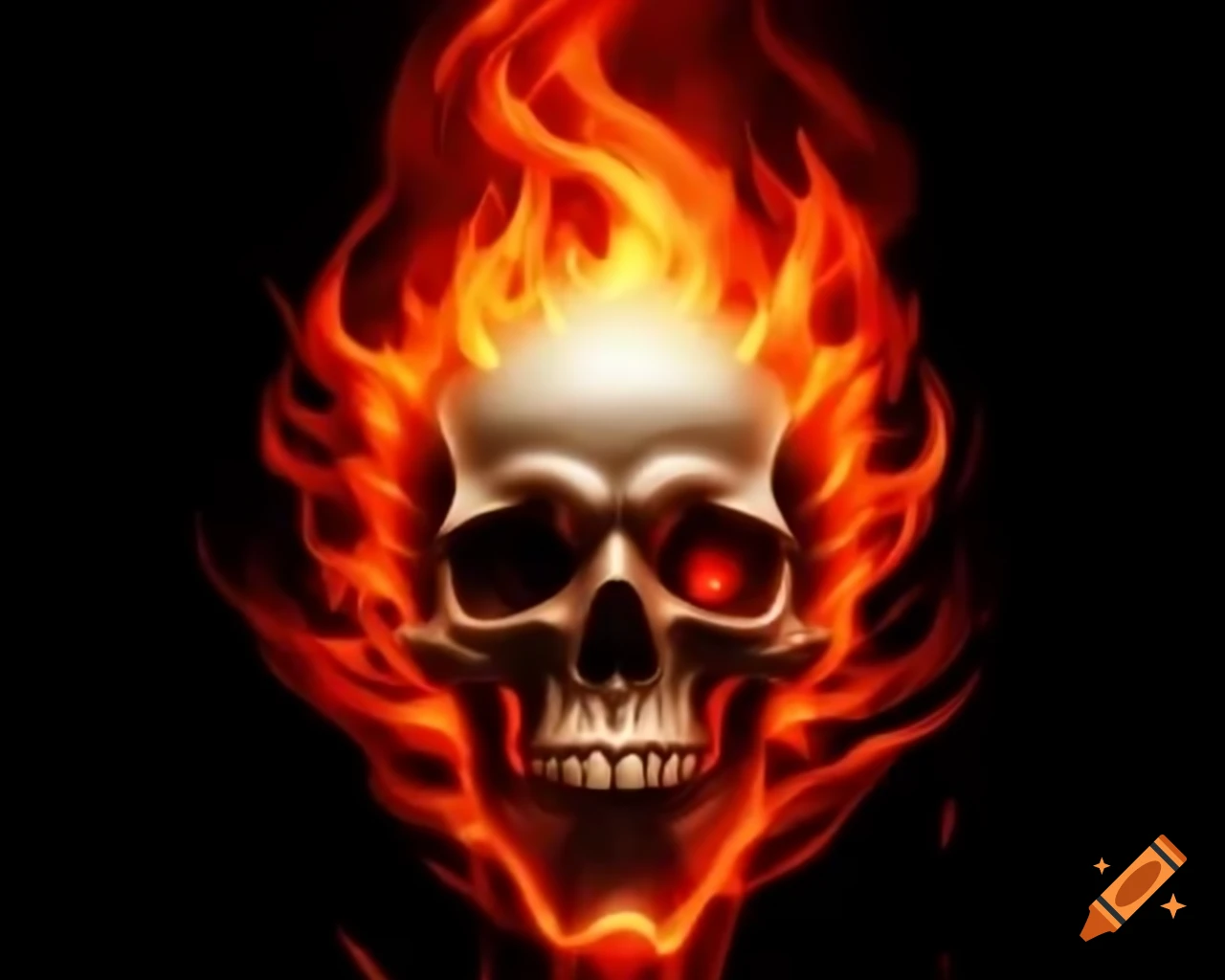 Flaming white skull with bloodshot eyes in video game art style