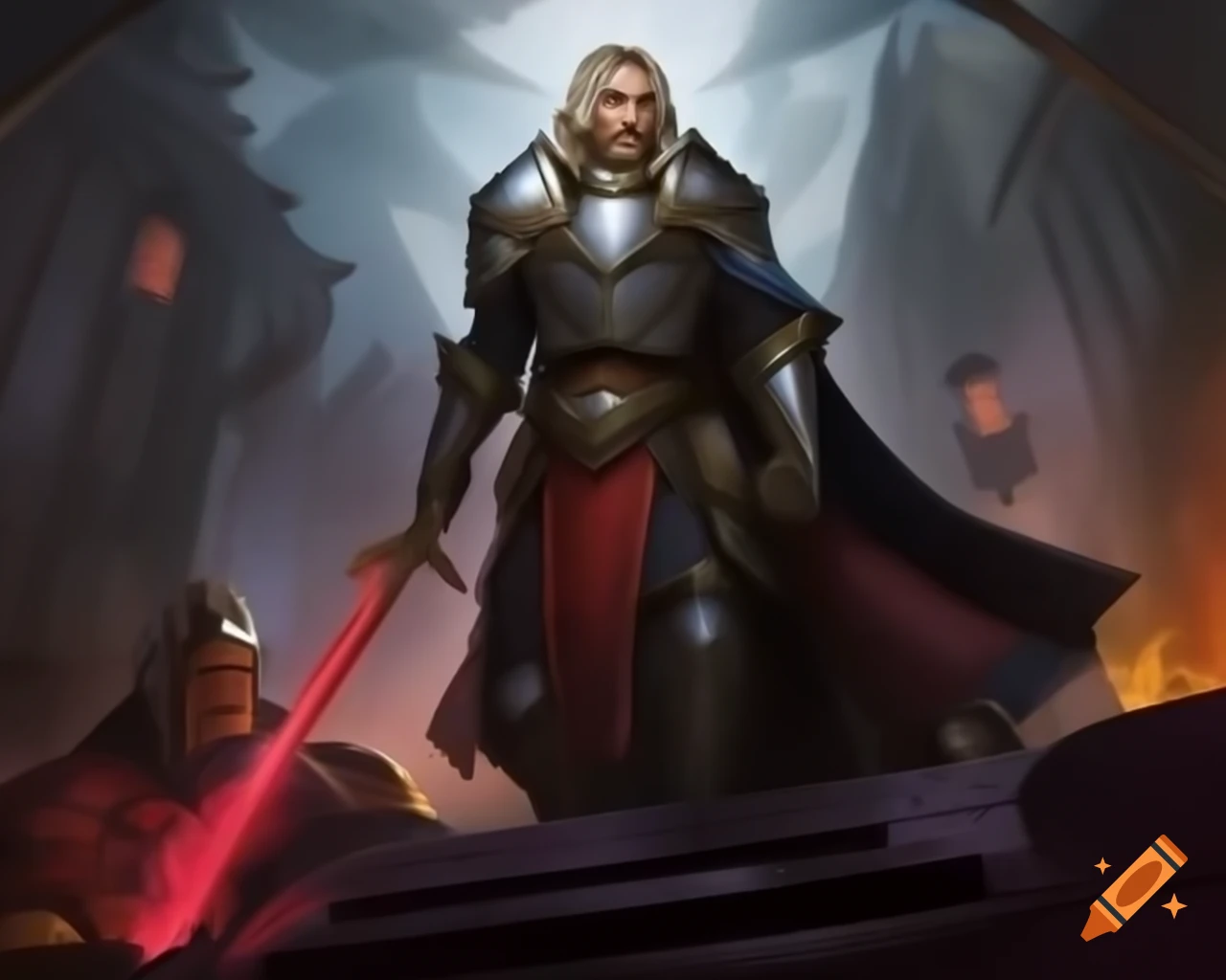 Paladin on battlements in Magic: The Gathering art style