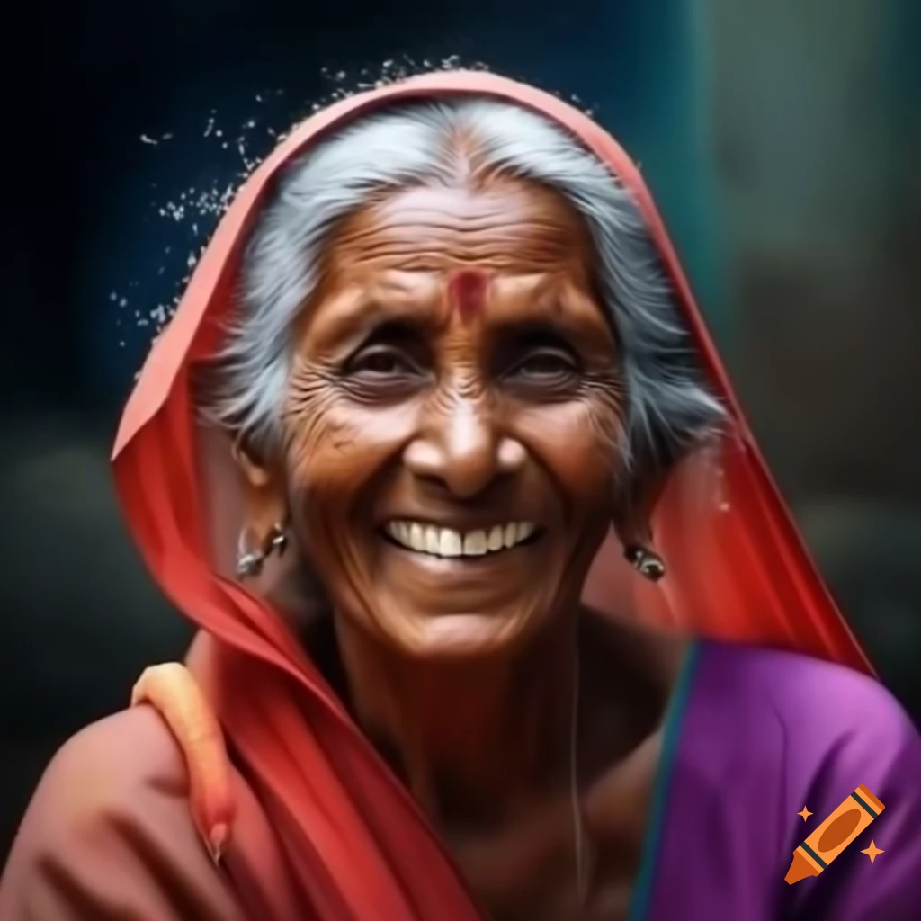 Watercolor painting of elderly Indian woman in village garden