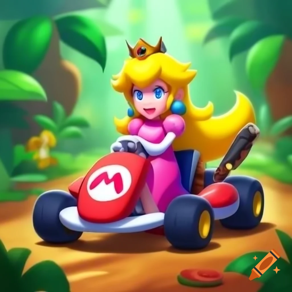 Princess Peach driving a kart through a jungle landscape