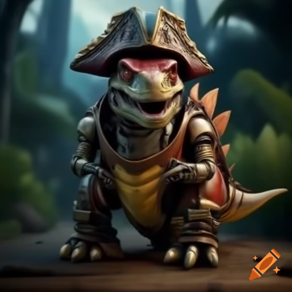Dinosaur robot dressed as a pirate