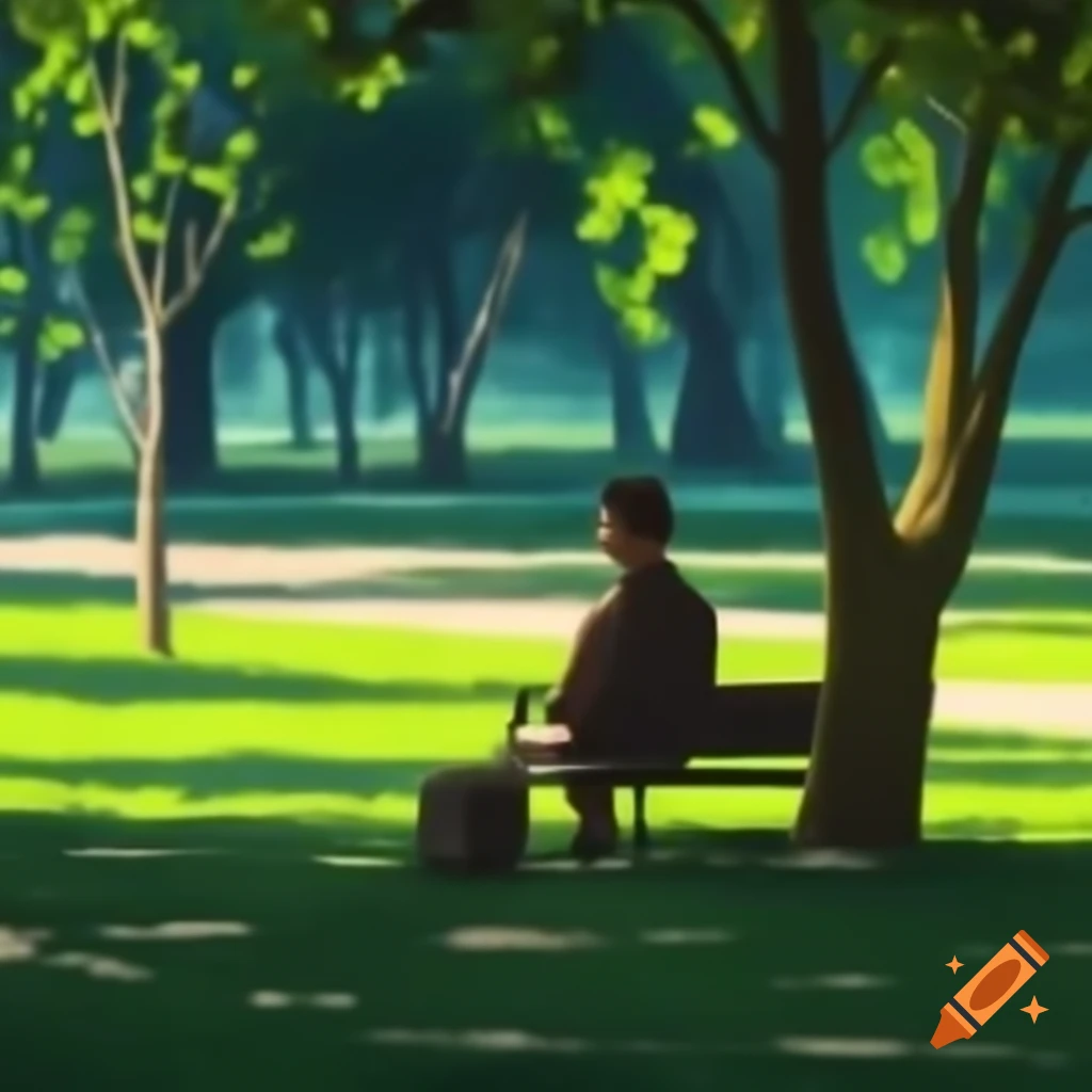 Man sitting on bench in park, poster art style