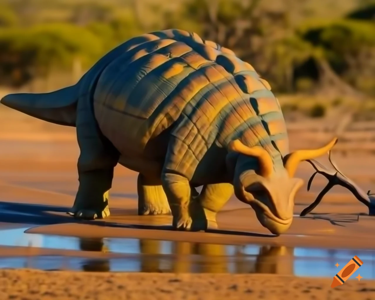 Ankylosaurus drinking in puddle with partridges in sunny clearing