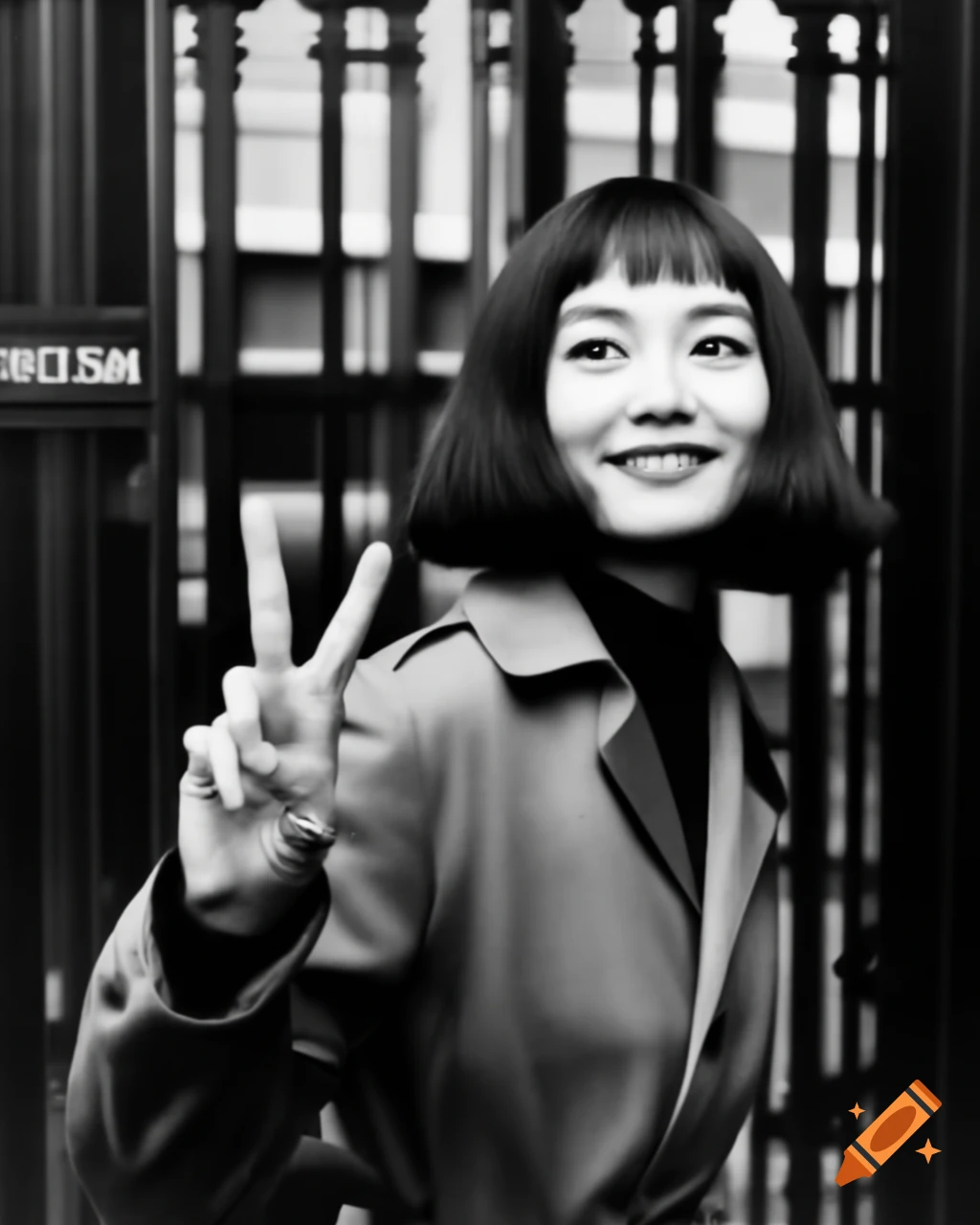 Famous Japanese actress with retro 1960 hairstyle making peace sign in front of school gates