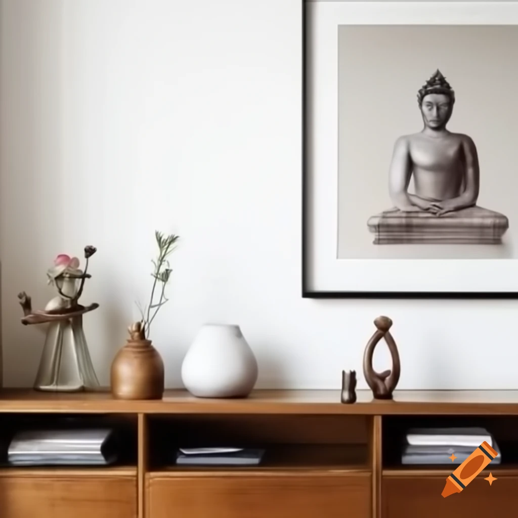 Zen-inspired room with wooden shelf, Buddha statue, ceramic vase, and traditional Đông Hồ painting