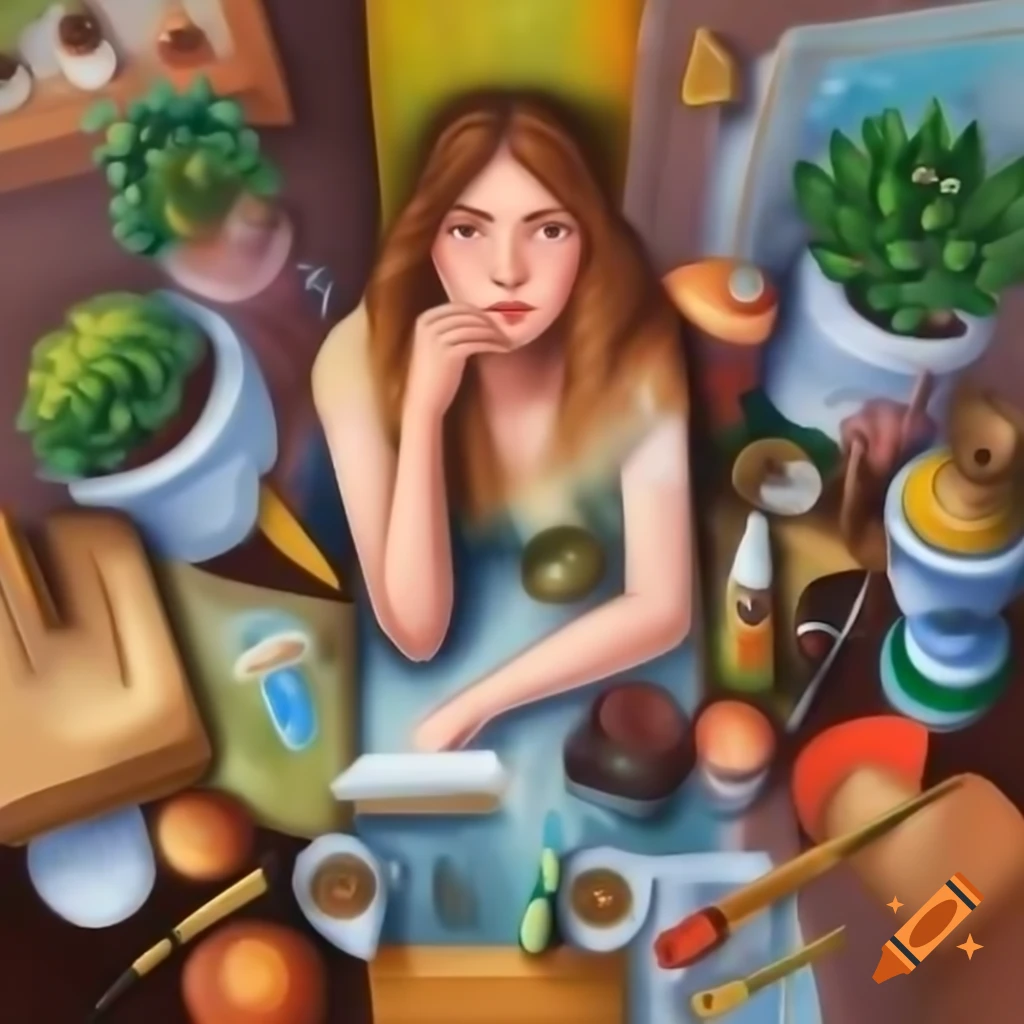 Woman surrounded by various everyday objects, tools, animals, plants, and food