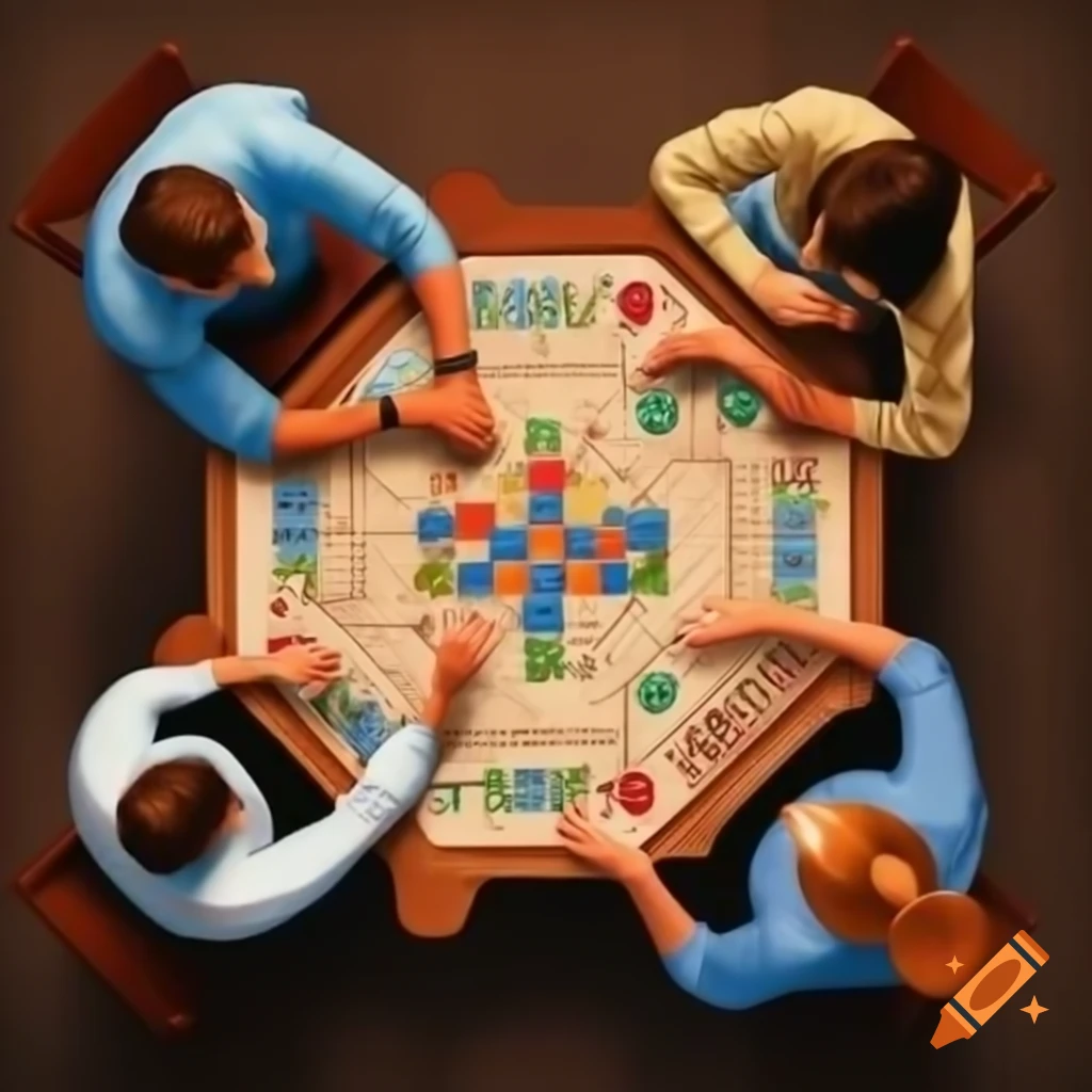 Diverse group playing board game in 90s comic style from top view