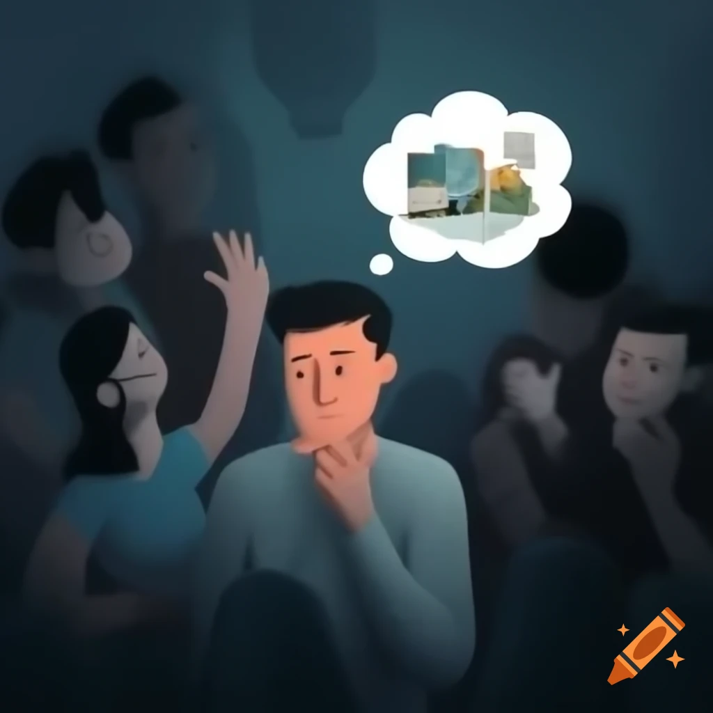 Man daydreaming in group setting with thought bubble reflecting uncertainty