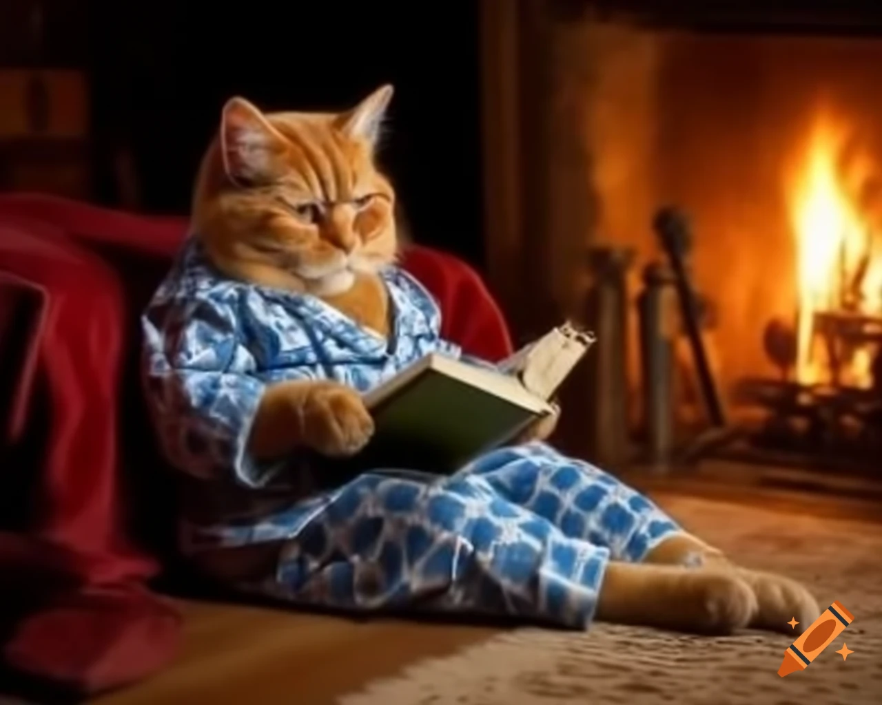 Anthropomorphic cat in pajamas reading a book by the fireplace with cozy lighting