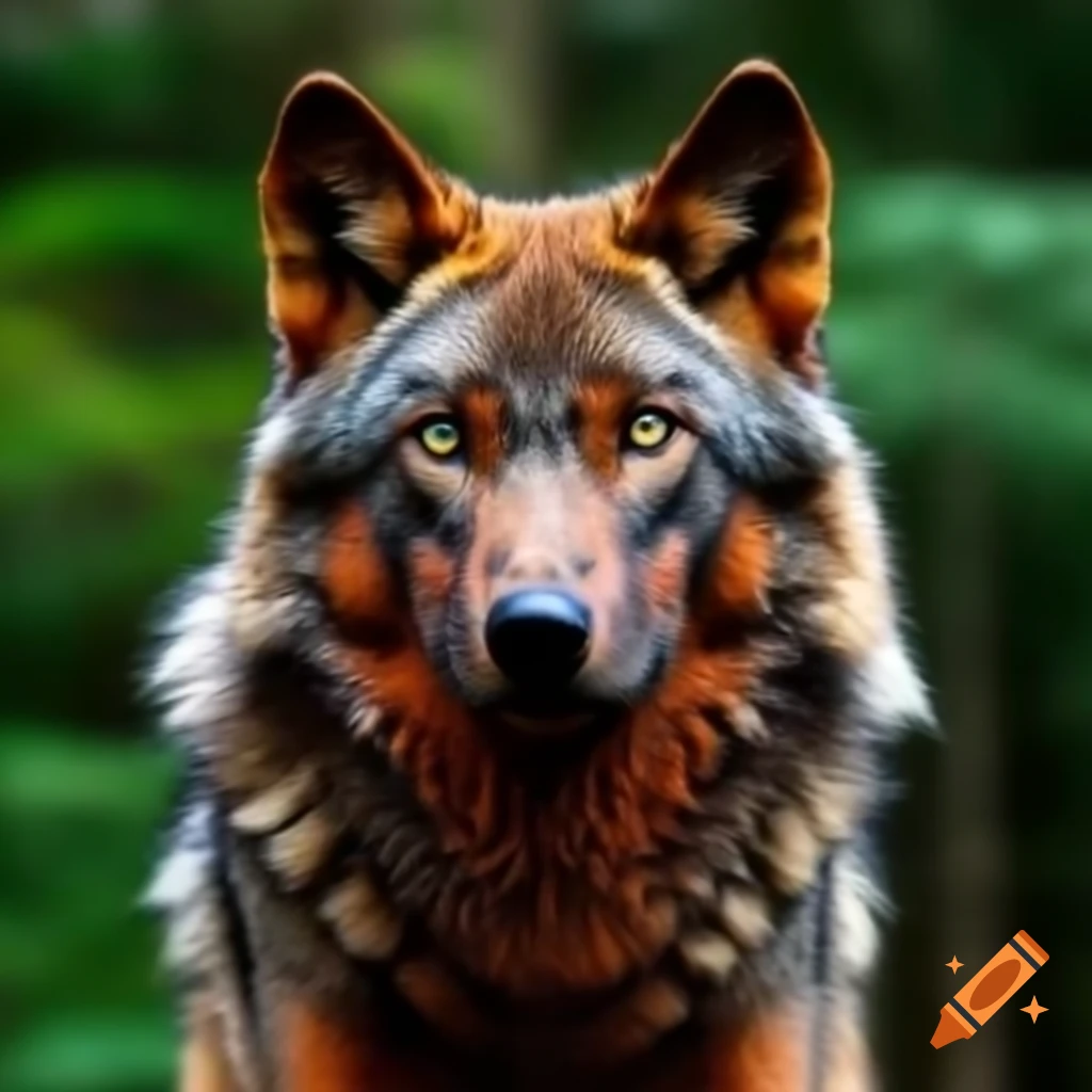 Rust-colored wolf with iridescent eyes