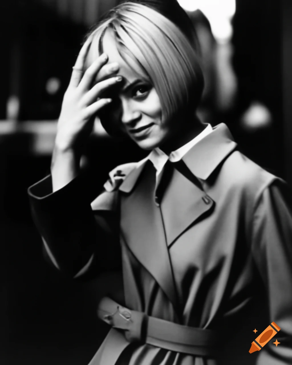 Vintage photo of actress resembling Miku Hatsune with peace sign in retro 1960s hairstyle