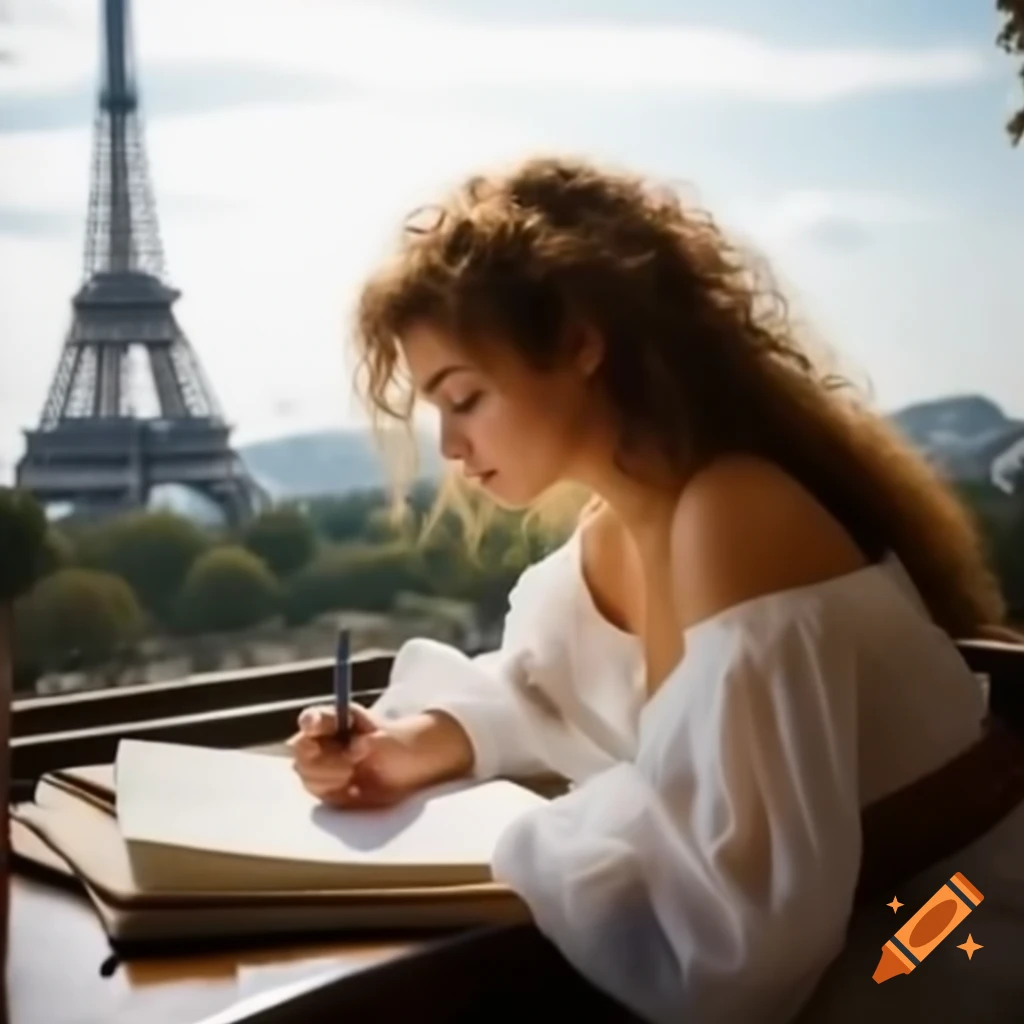 Woman in white dress writing next to the Eiffel Tower