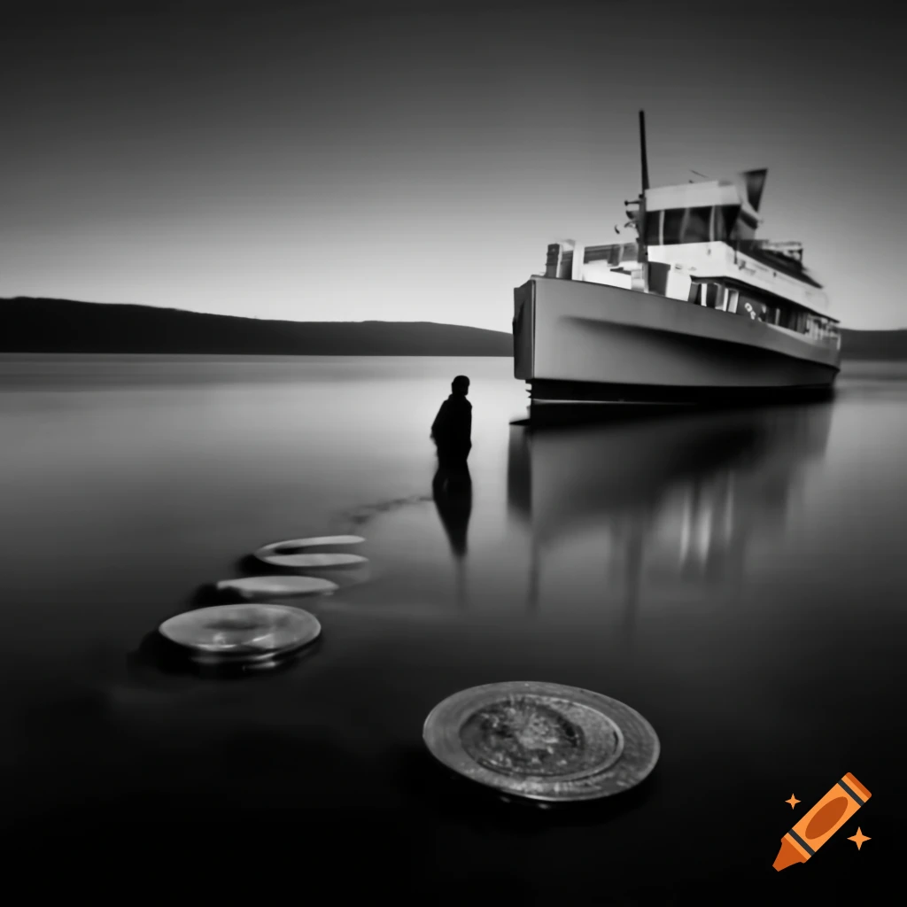Surreal black and white scene of ghost giving bitcoin to Charon by river Styx