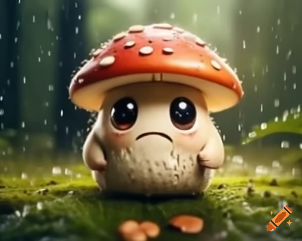Kawaii mushroom creature in a rainy forest, hyper realistic cinematic style