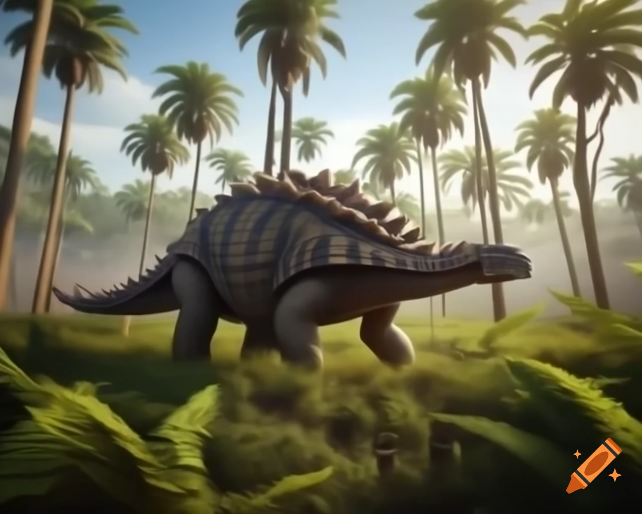 Ankylosaurus walking in prehistoric fern prairie with Diplodocus in background