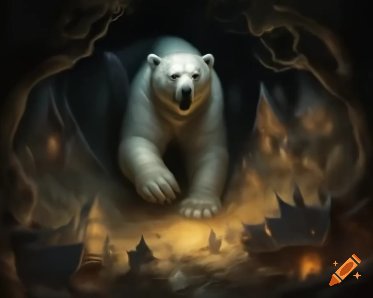 Creepy polar bear invading fairy village in dark fantasy forest illustration
