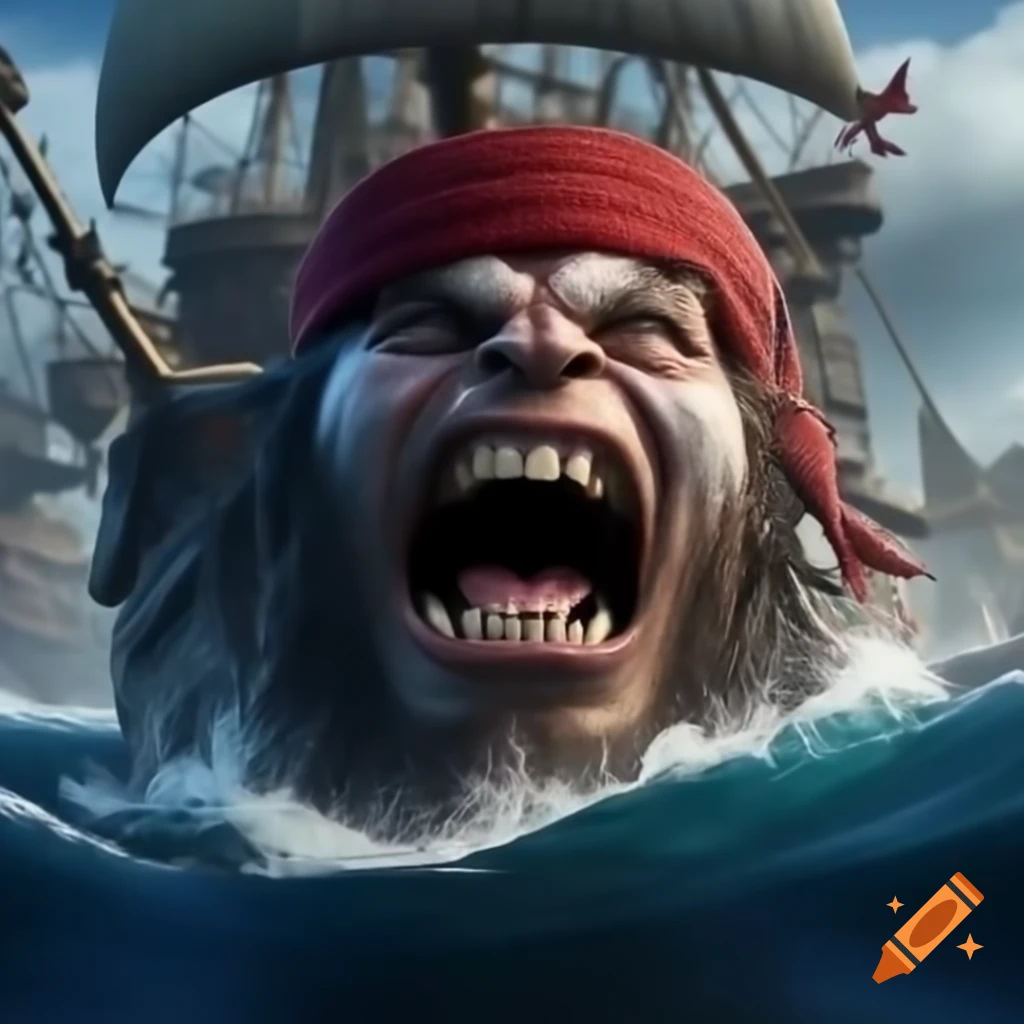 Pirate laughing on ship with tears and bloodshot eyes at sea