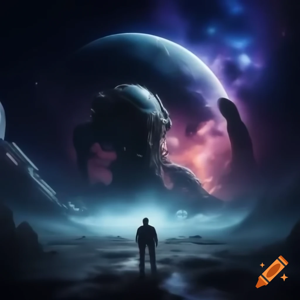 Surreal cosmic amphitheater with A.I. powered dreamweavers fighting Zarkothian aliens