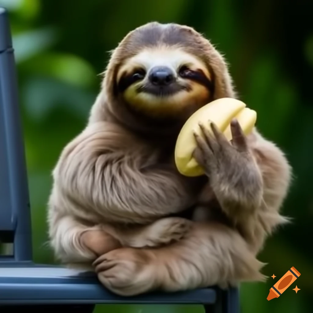 Ultrarealistic sloth holding a bao bun while sitting on a stool