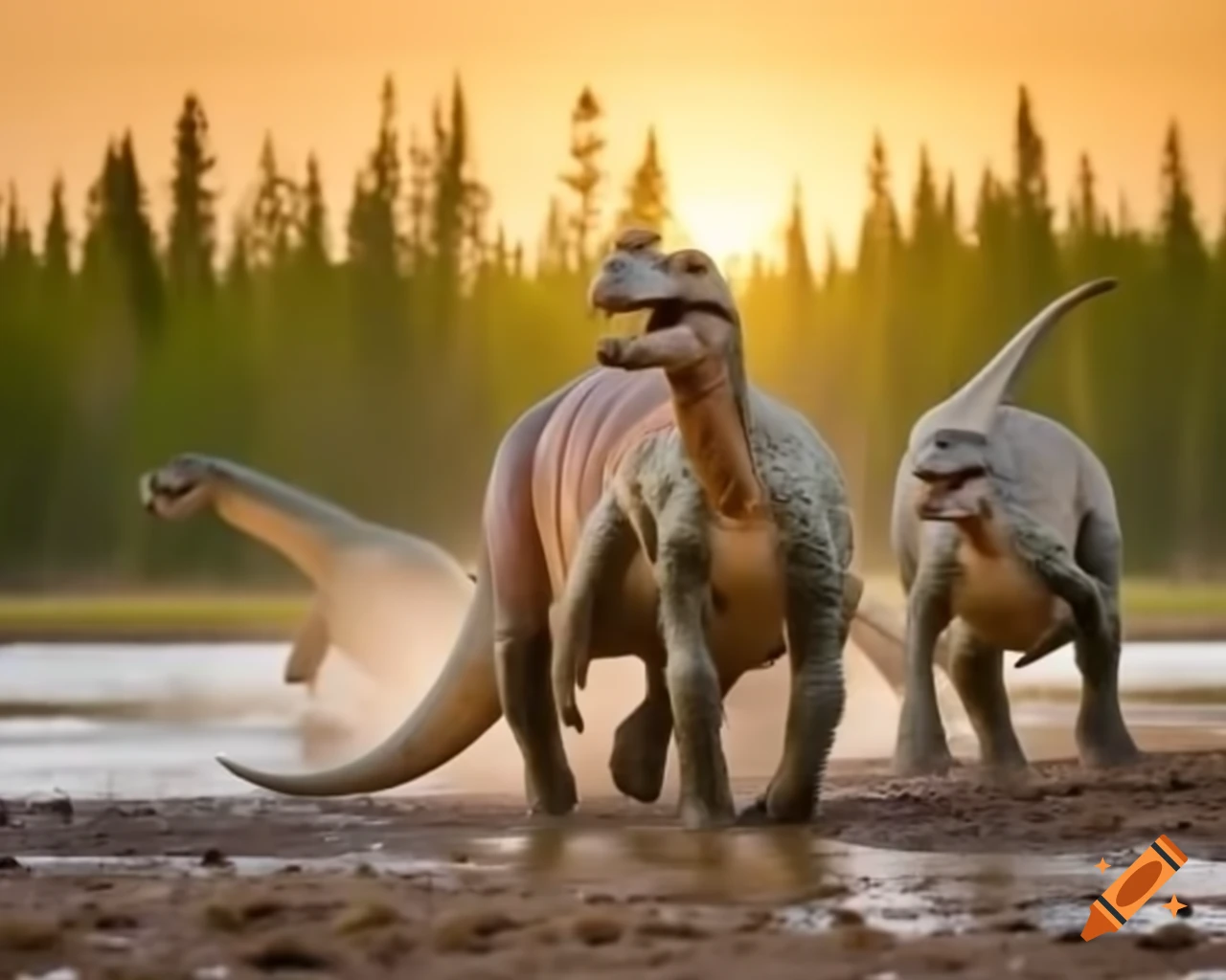 Hadrosaurus dinosaurs along muddy lake bank in warm golden hour light