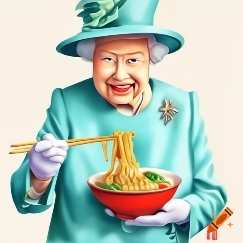 Watercolor painting of queen elizabeth ii enjoying ramen noodles with