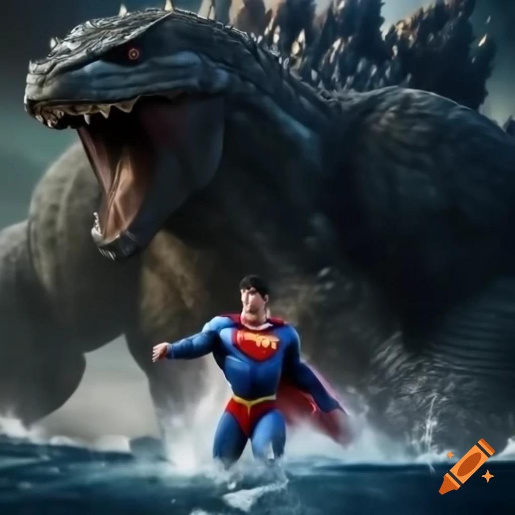 Superman punching Godzilla with ocean waves crashing below