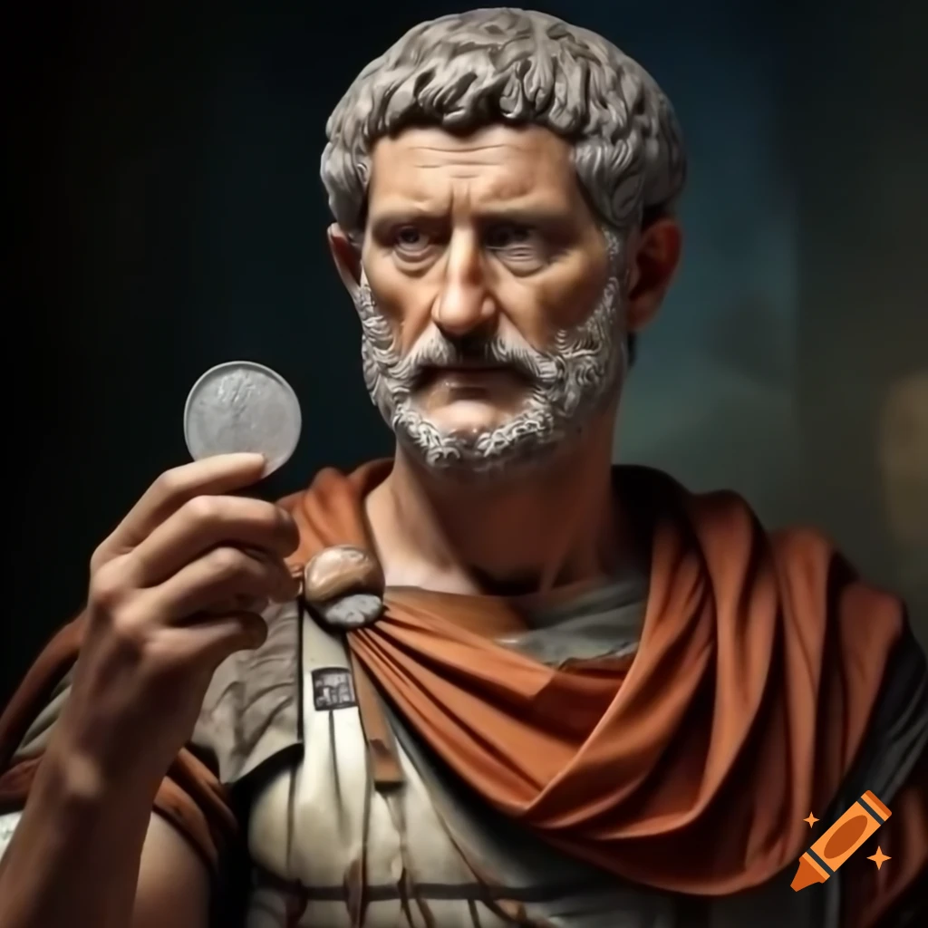 Ancient Roman emperor holding a silver coin