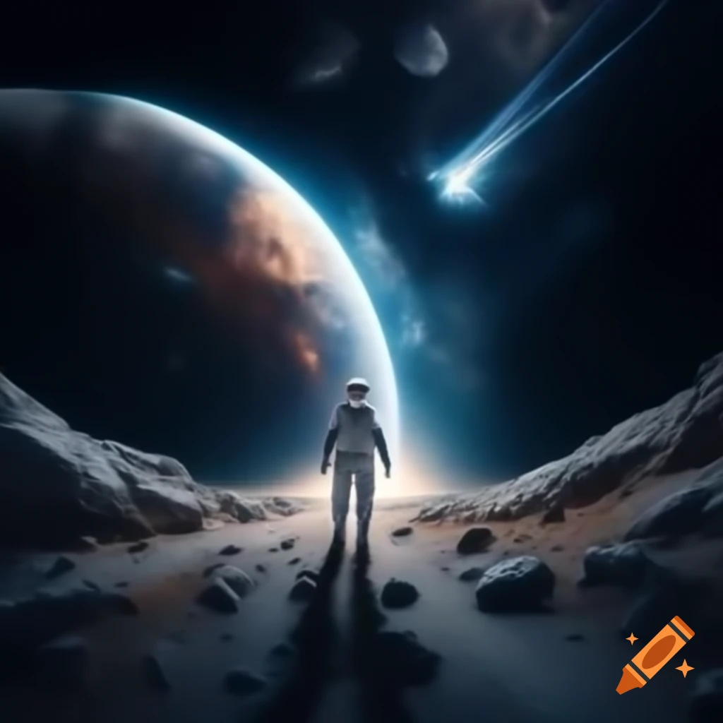 Astronaut crossing stars on a path in space, aiming for the brightest star