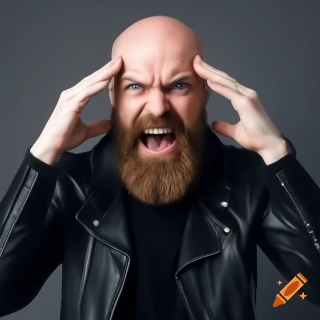 Punk rocker man with beard screaming, dressed in black