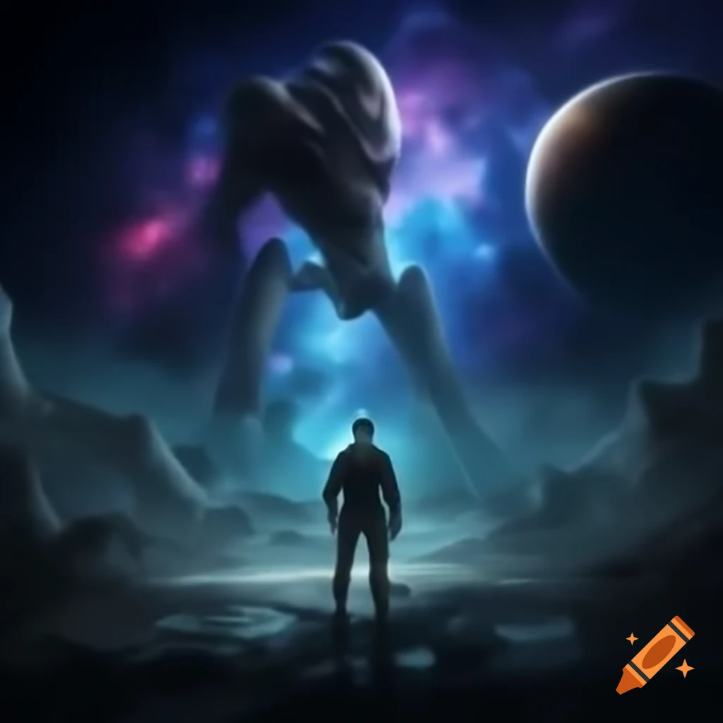 Surreal cosmic amphitheater with A.I. powered dreamweavers fighting Zarkothian aliens