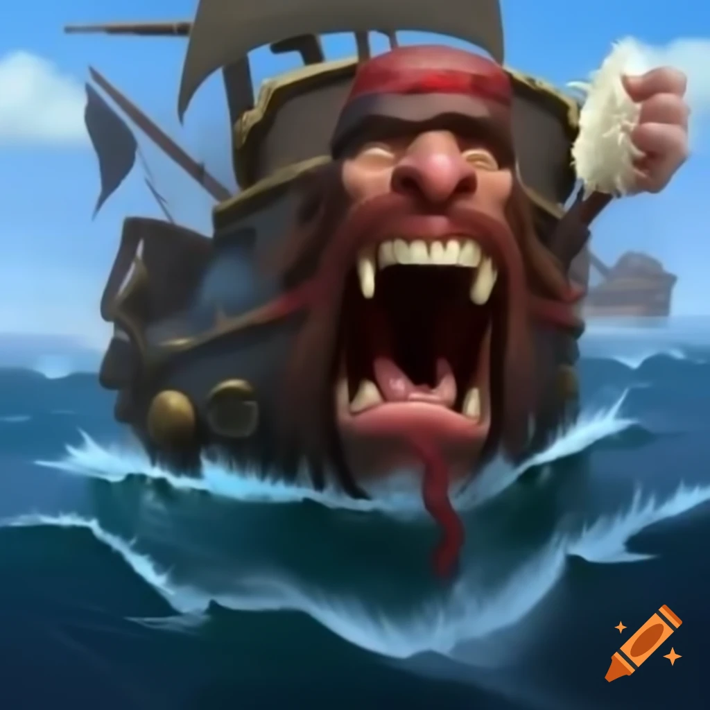Pirate laughing on ship with tears and bloodshot eyes at sea