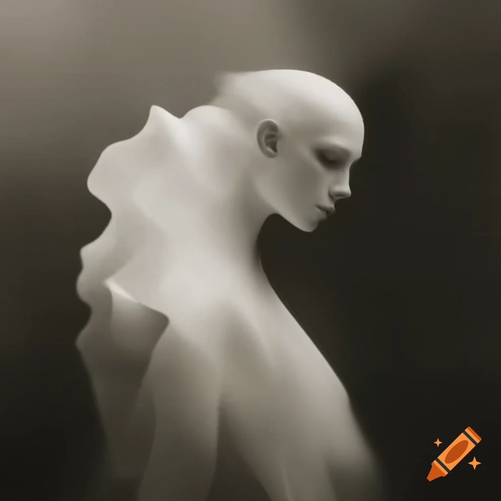 Surrealist artwork in shades of white, black, grey, and sepia