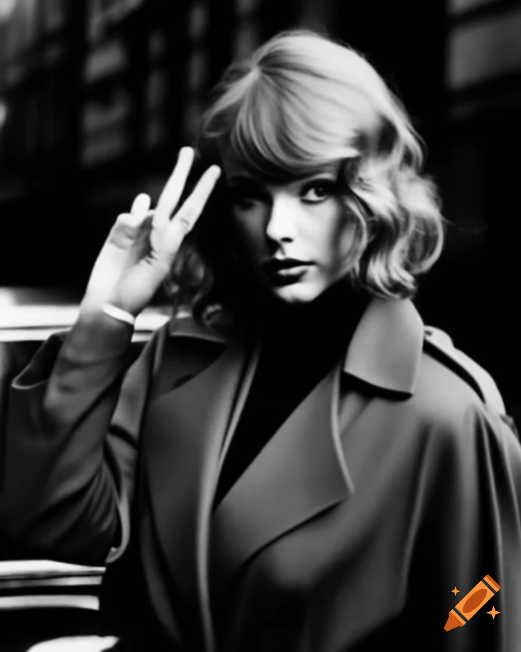 Vintage paparazzi photo of actress Taylor Swift doing peace sign in street, 1960s style