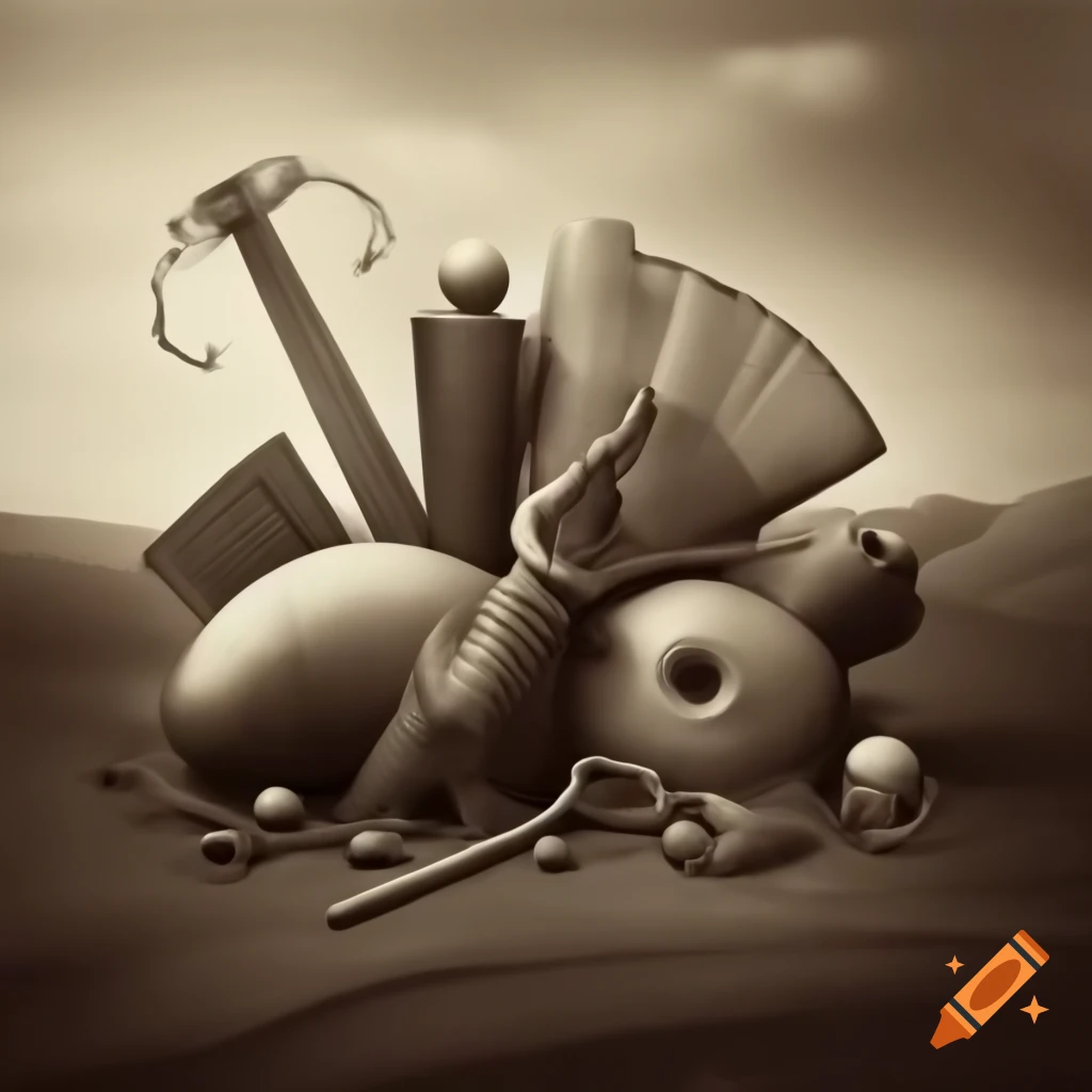 Surrealist sepia landscape with strange textured objects