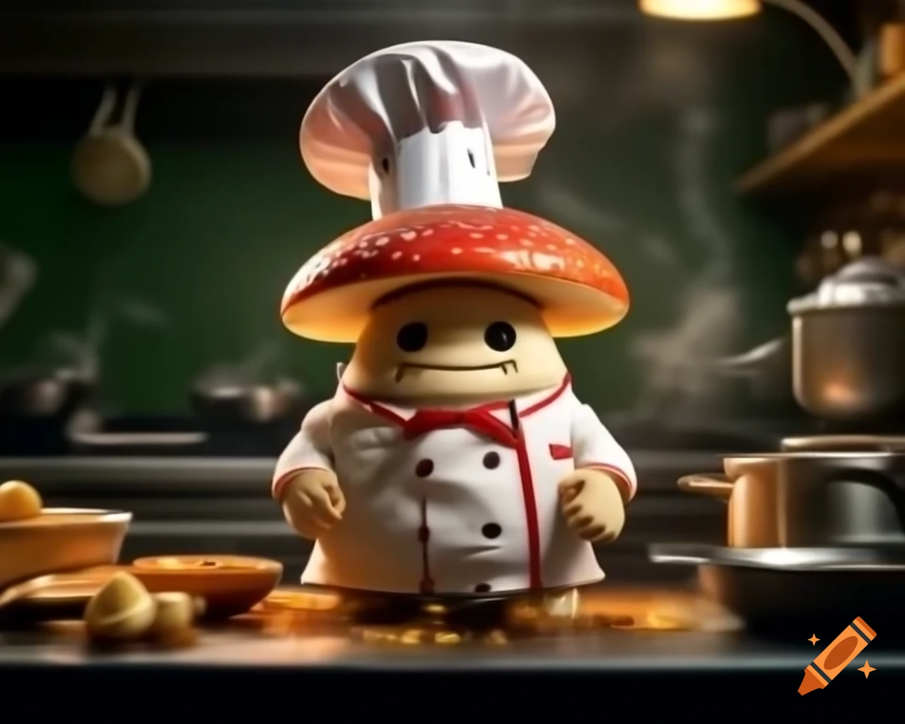 Kawaii mushroom creature in chef's suit cooking in kitchen, hyper detailed
