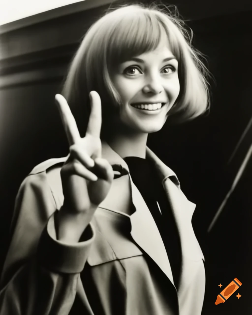 Vintage photo of actress resembling Miku Hatsune with peace sign in retro 1960s hairstyle