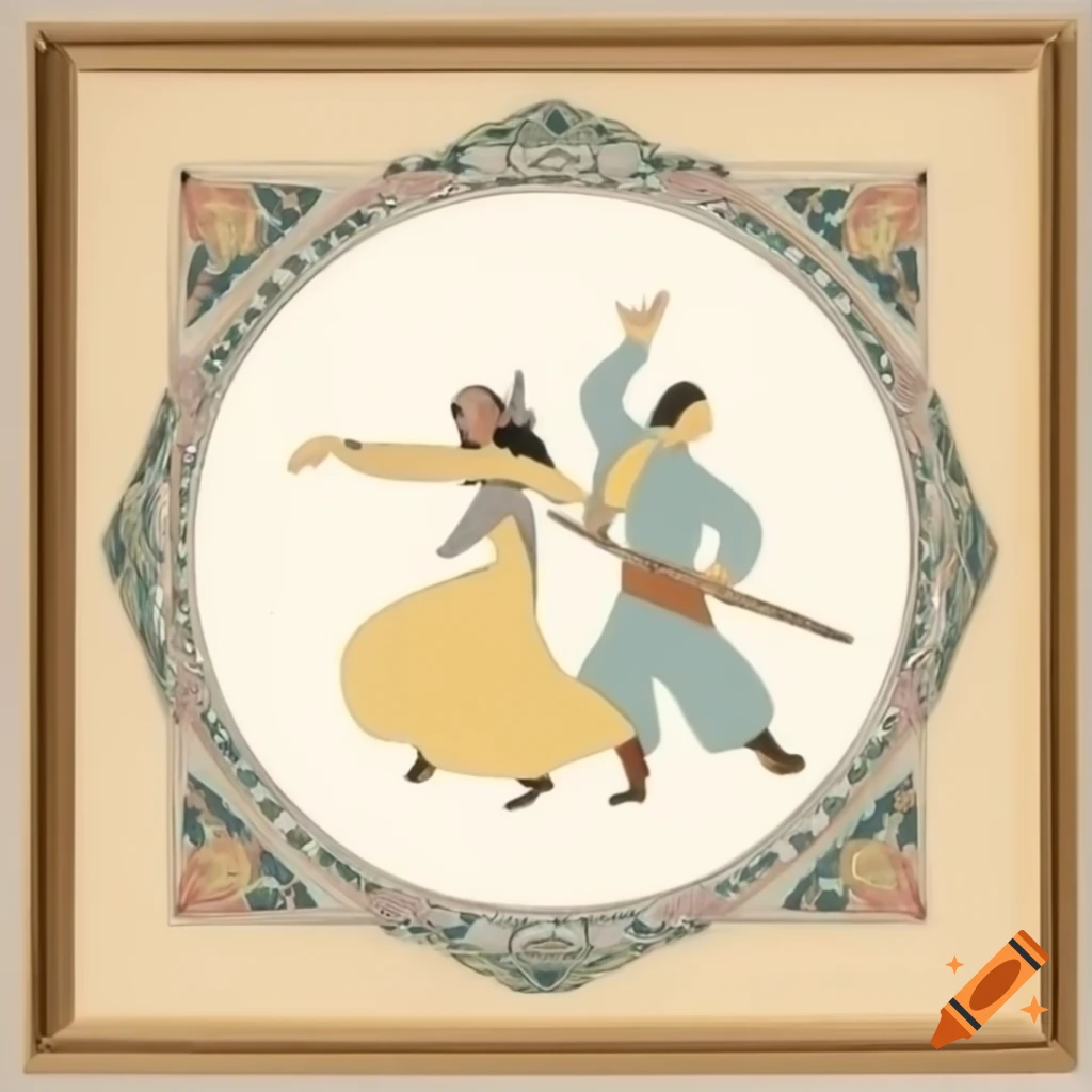 Intricate illustration of dancing peasant people in Persian art style, 1910s