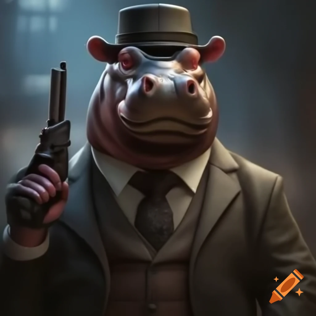 Private investigator hippo holding a revolver pistol