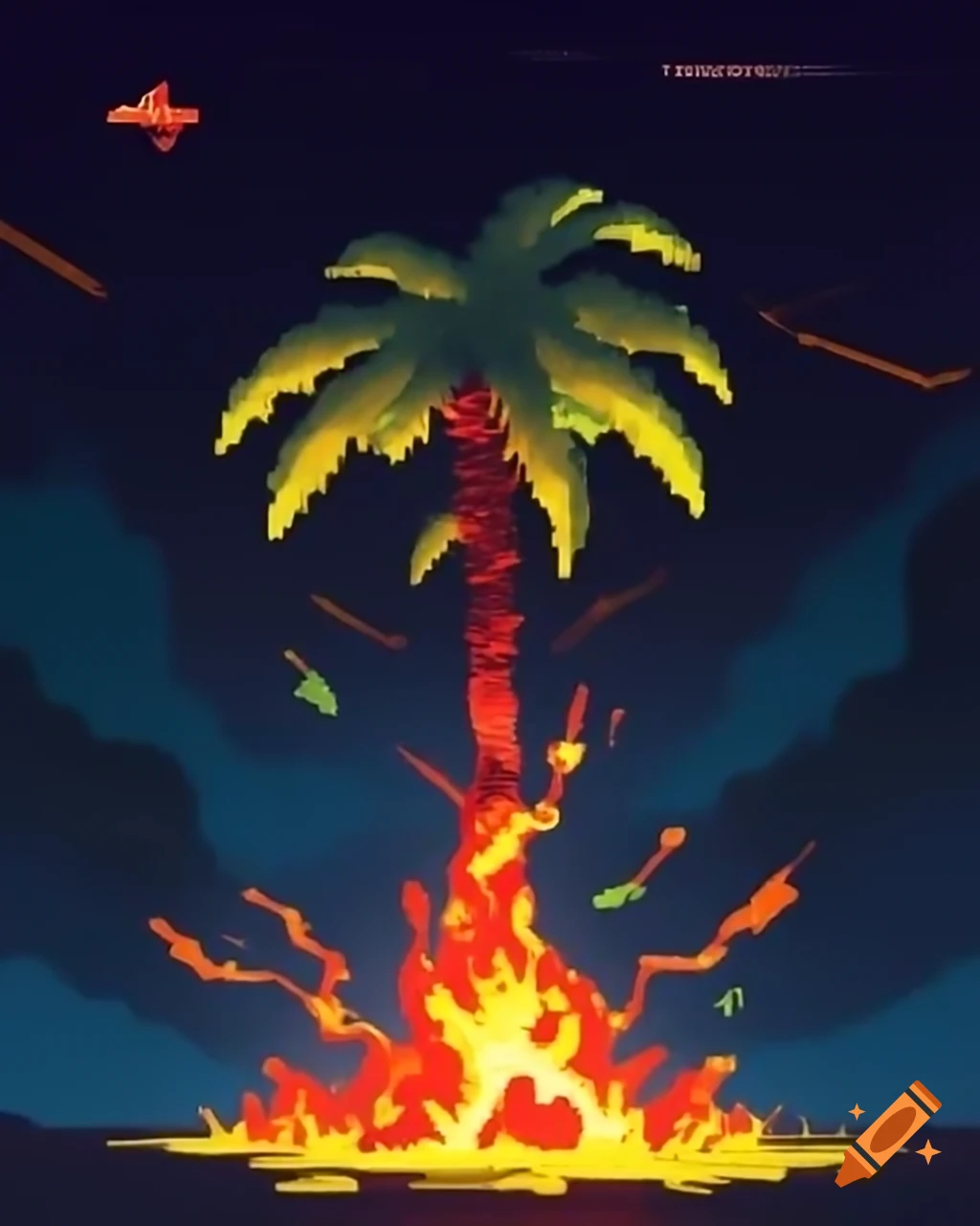 8-bit pixel art of palm tree with flaming meteor leaves