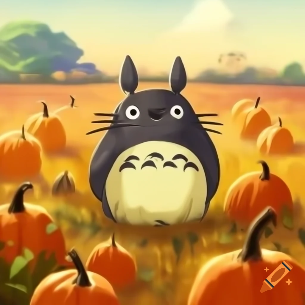 Totoro in a pumpkin field viewed from a distance