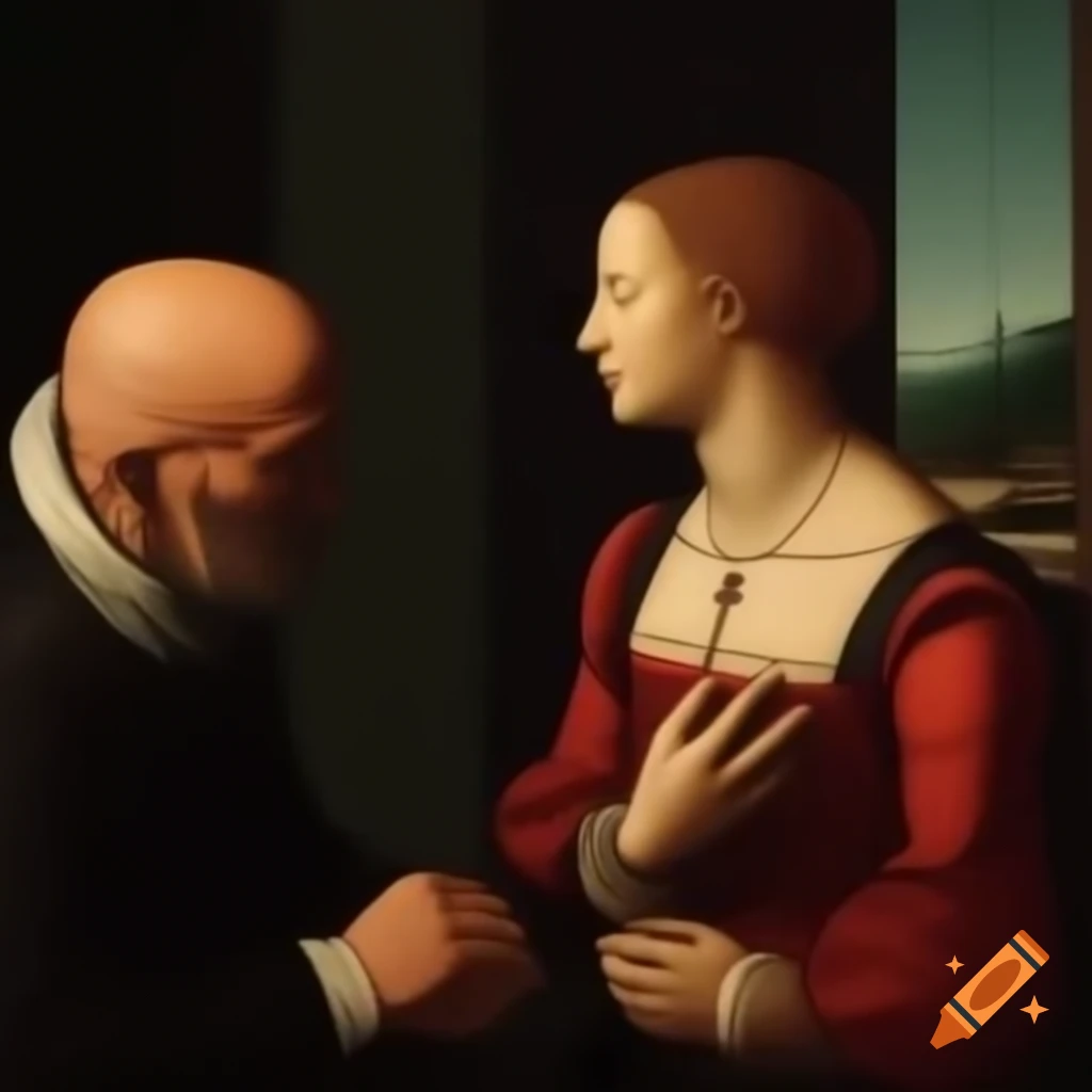 Renaissance-style painting of a man running away from his wife towards a bald woman