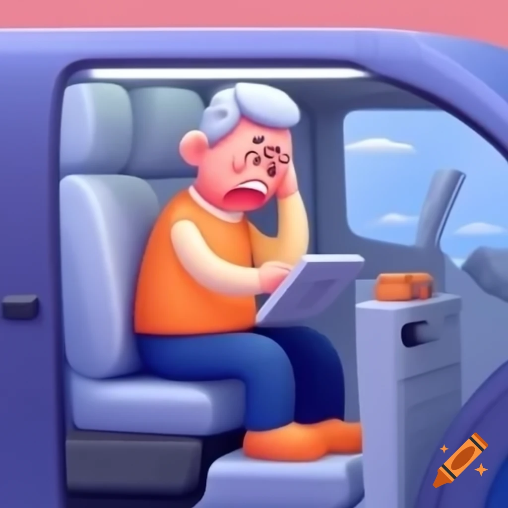 Cartoon of grey haired man crying while using tablet in van on craiyon