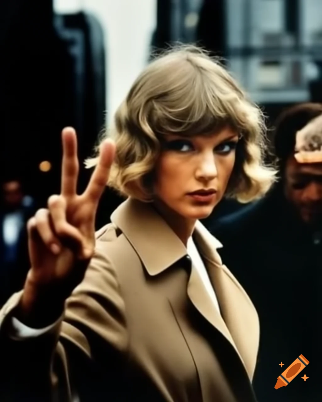Vintage paparazzi photo of Taylor Swift making peace sign in street, 1960s style