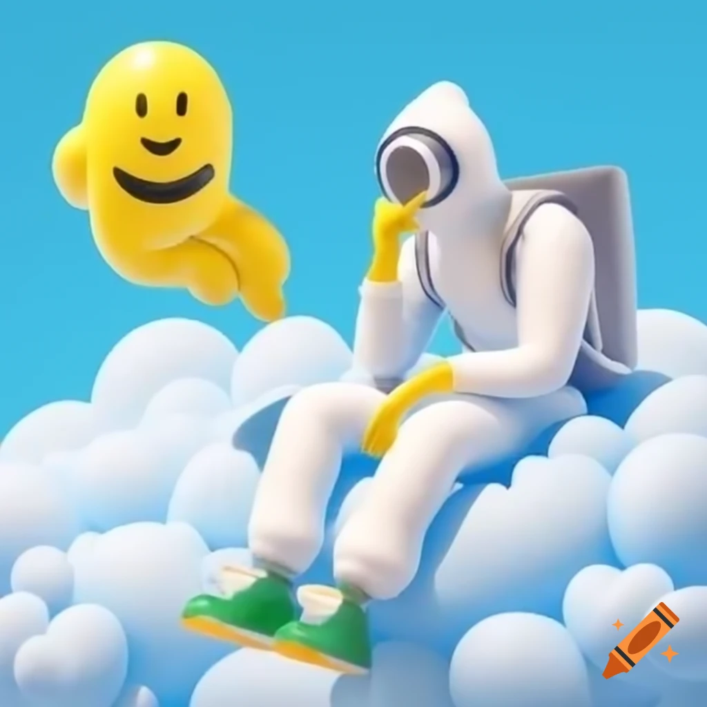 White rapper in hazmat suit sitting in clouds with yellow balloon