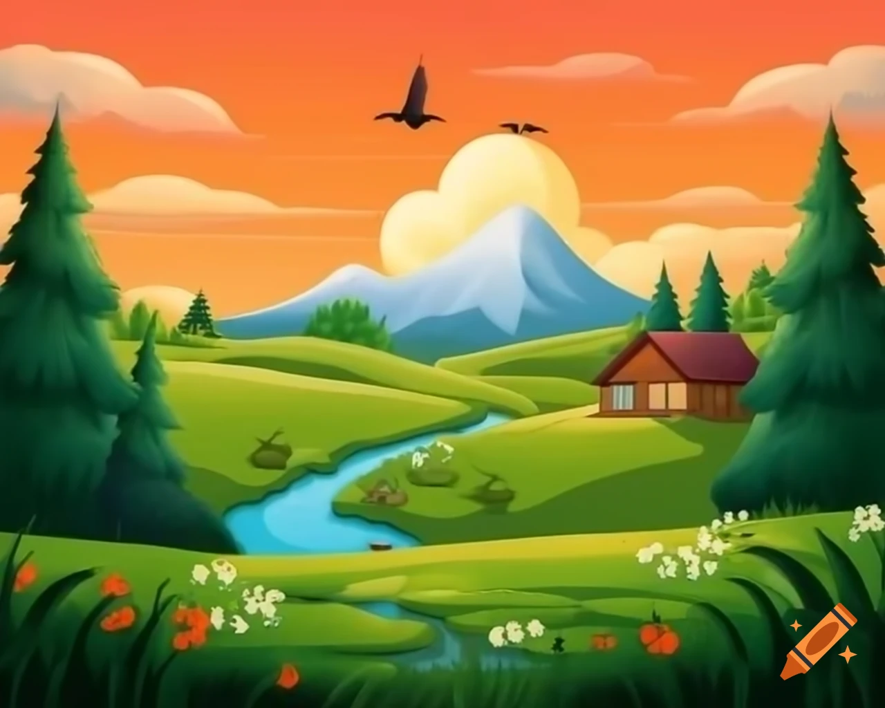 Peaceful landscape with river flowing through grassy field and cozy house with chimney