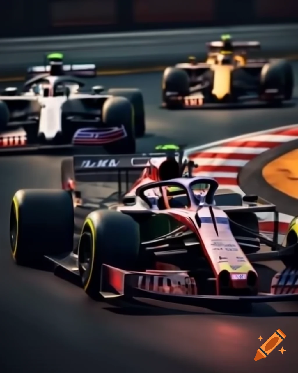 Photorealistic Formula One race featuring multiple racing cars