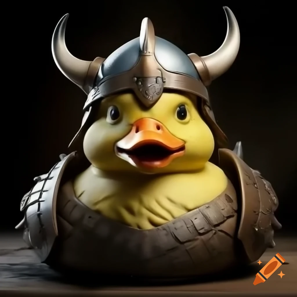 Realistic rubber duck with angry eyebrows and viking helmet